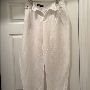 Zara White Linen-Blend High-Waist Pants